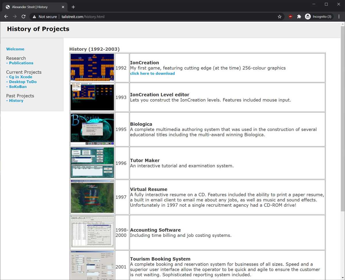 Screenshot of the old history page