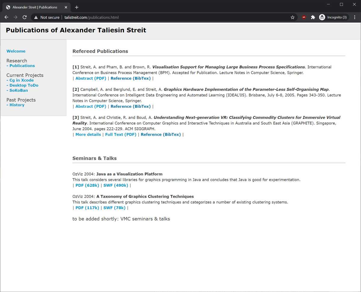 Screenshot of the publications page